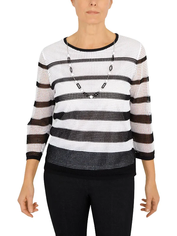 Womens Striped Viscose Pullover Sweater Zippered Buttoned Snapped