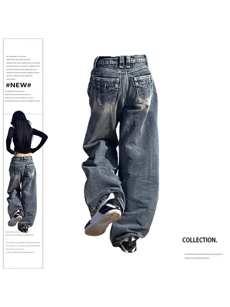 Women's Vintage Baggy Blue Jeans High Waist Denim Trousers Korean 2000s Y2k Stylish Cargo Style Jeans Women's Vintage Baggy Blue Jeans High Waist Denim Trousers Korean 2000s Y2k Stylish Cargo Style Jeans
