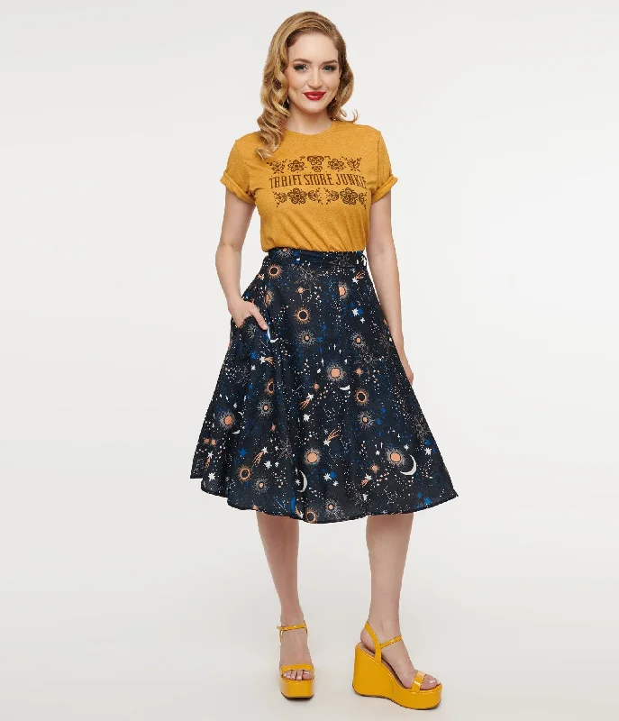 1950s Black Celestial Galaxy Print Swing Skirt silk skirt sleek