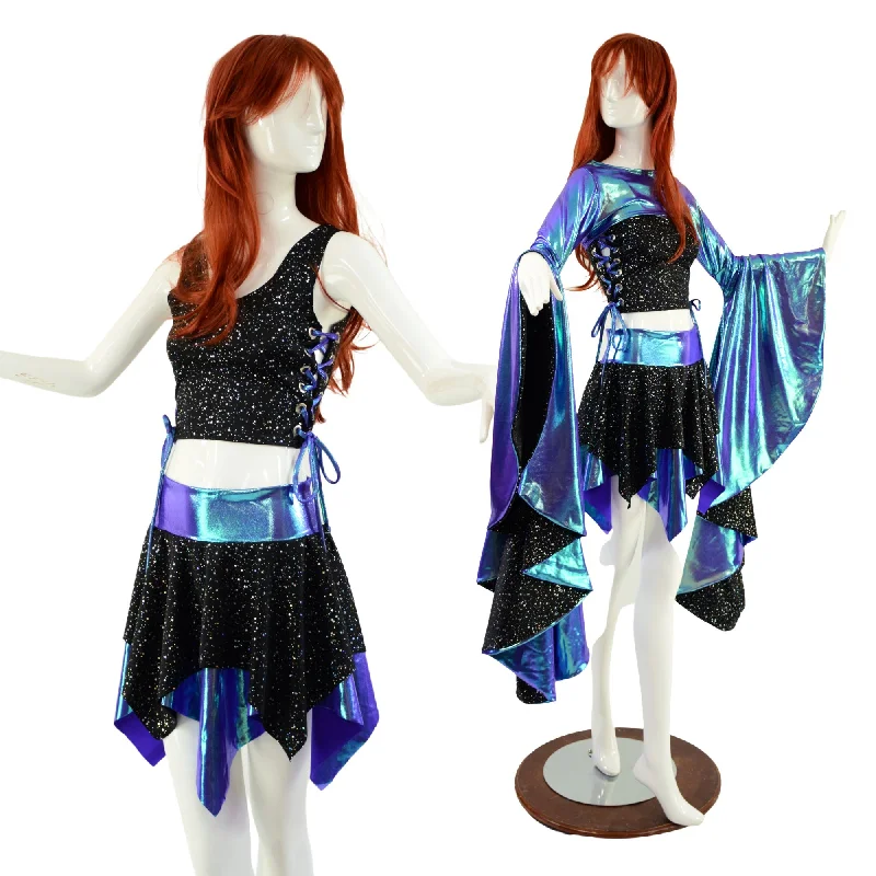 3PC Pixie Skirt & Lace Up Side Crop Tank with Sorceress Bolero Set chiffon skirt lightweight