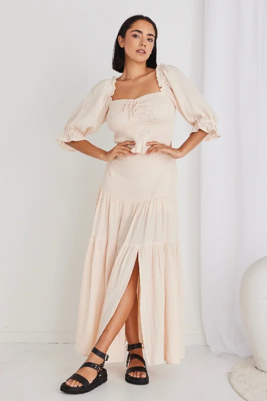 Alive Cream Muslin Elastic Back Tiered Maxi Skirt patchwork skirt art