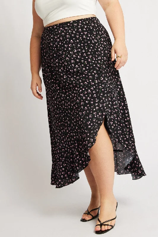 Black Ditsy Frill Maxi Skirt leather skirt bold