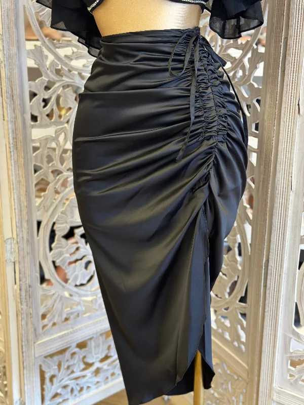 Black Ruched Satin Midi Skirt- Stretchy ribbed skirt waist