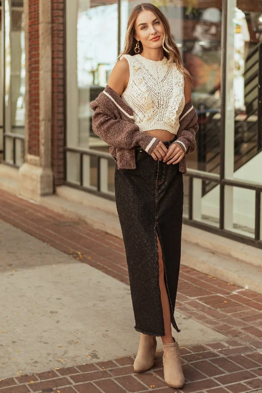 Black Washed Denim Front Slit Frayed Maxi Skirt high slit skirt