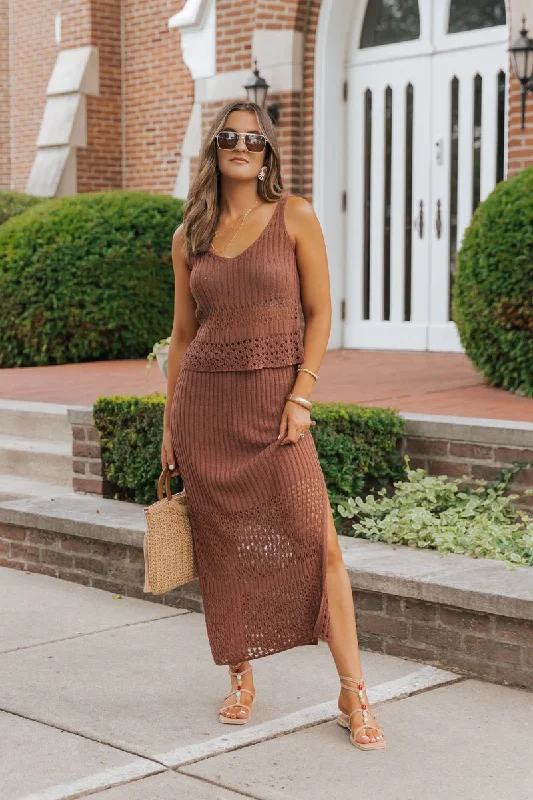 Brown Crochet Sweater Midi Skirt - FINAL SALE breathable skirt fabric