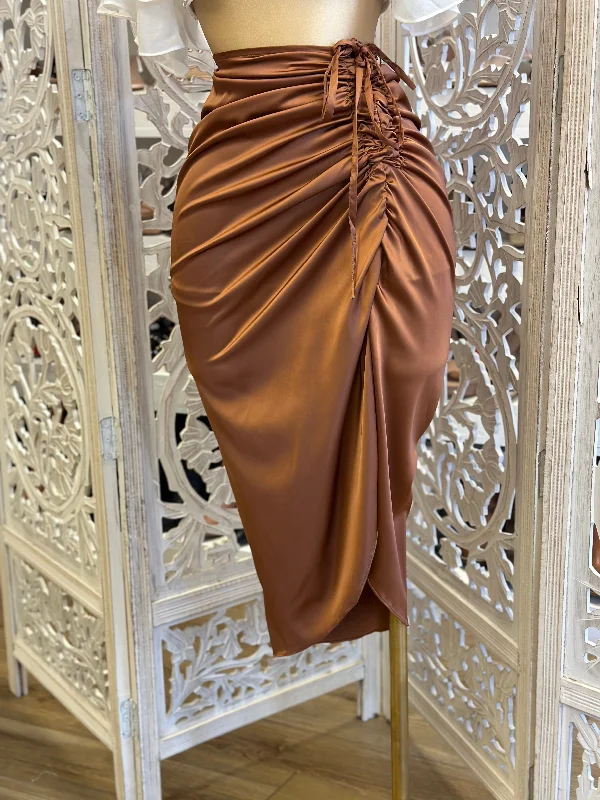 Brown Ruched Satin Midi Skirt- Stretchy lace skirt feminine