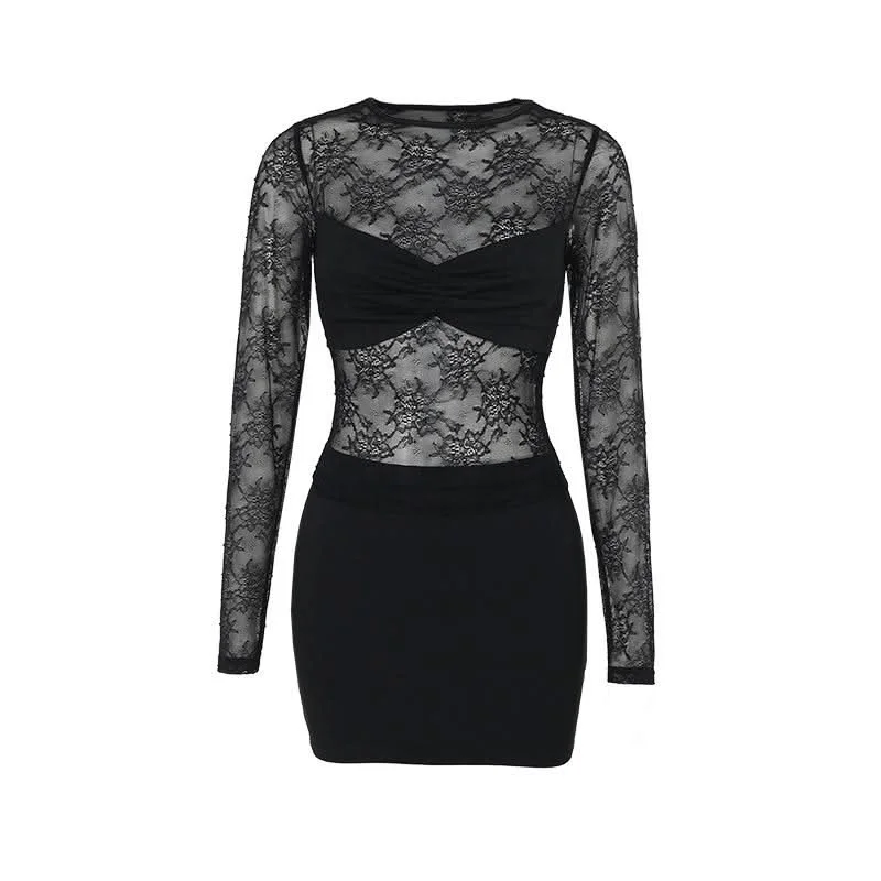 Crewneck long sleeve lace mini skirt set elastic waist skirt