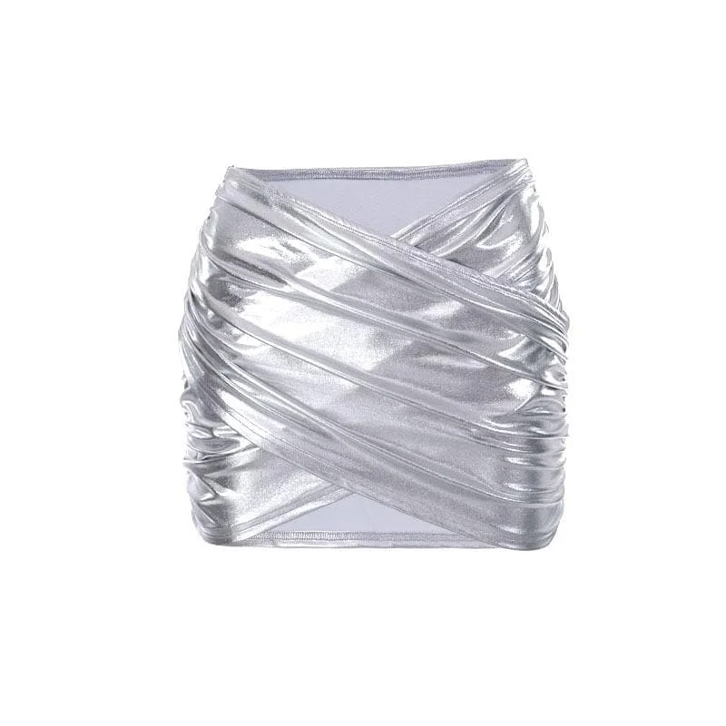 Cross front ruched metallic low rise mini skirt denim skirt casual