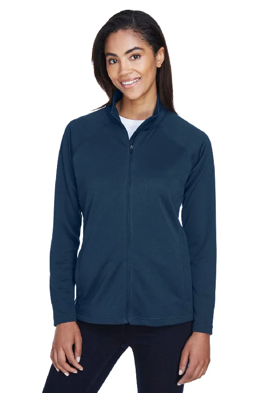 Devon & Jones Womens Compass Stretch Tech Moisture Wicking Full Zip Sweatshirt w/ Pockets - Navy Blue Hoodie with Raw Hem Edgy Unfinished