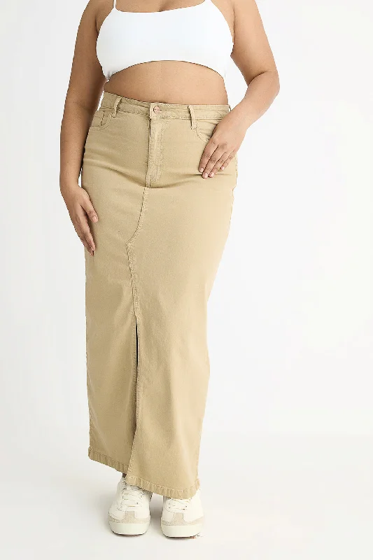 Denim Earthy Beige Slit Midi Skirt linen skirt natural
