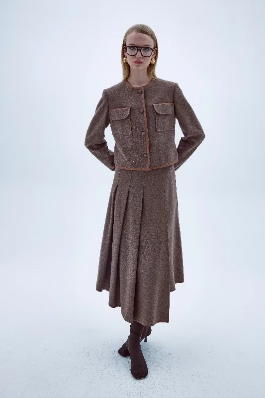 Eliza Wool Plaid Asymmetric Midi Skirt in Mocha lace skirt feminine