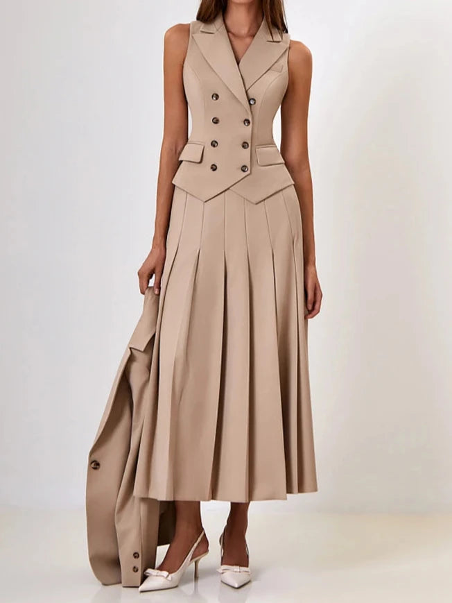 A&A Notched Elegant Collar Vest And Pleated Maxi Skirt Set cashmere skirt rich