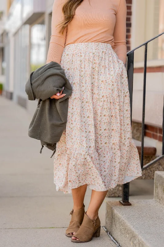 Feminine Floral Tiered Midi Skirt vintage skirt charm