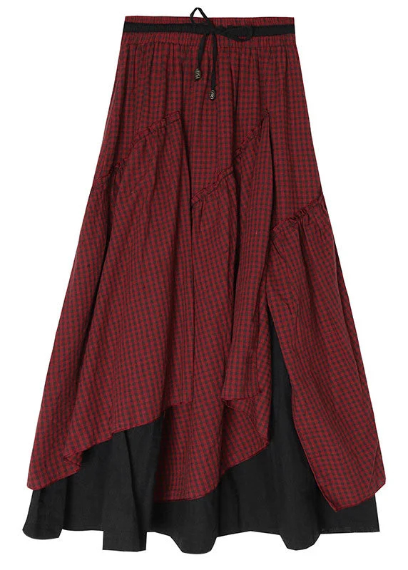 French Red drawstring Asymmetrical Patchwork Skirt Spring spandex blend skirt