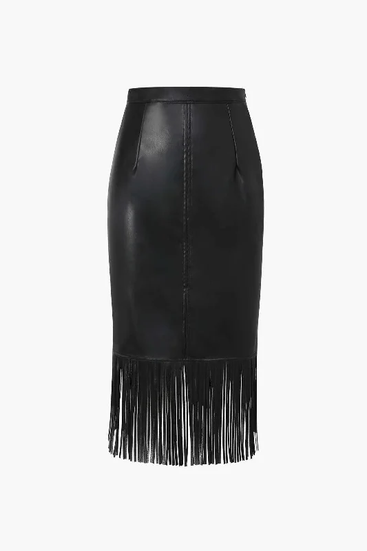 Fringe Hem Faux Leather Midi Skirt corduroy skirt cozy