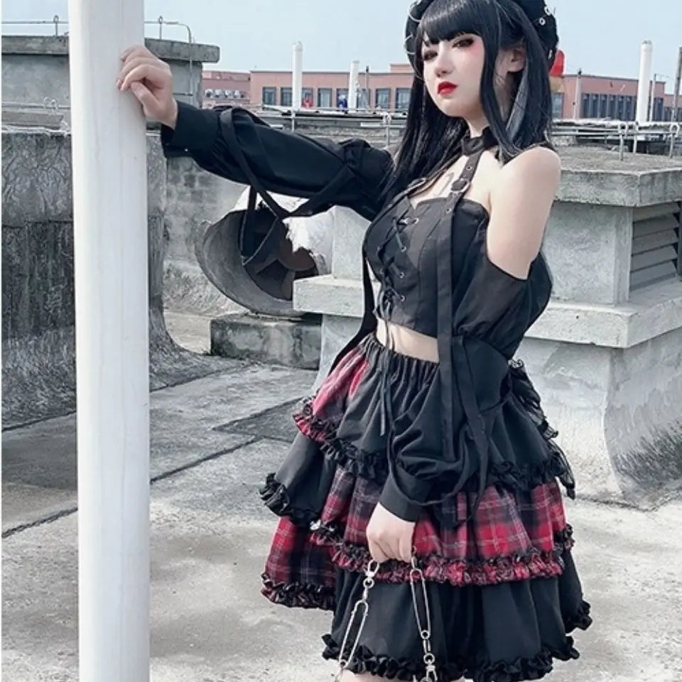 Harajuku Two-dimensional Dark Petticoat Cosplay Red Plaid Stitching High Waist A-line Spice Girl Rock Skirt cashmere skirt fine