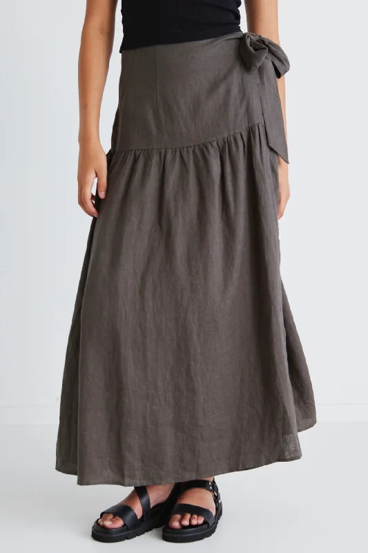Impact Dark Olive Linen Tiered Wrap Maxi Skirt silk skirt lustrous