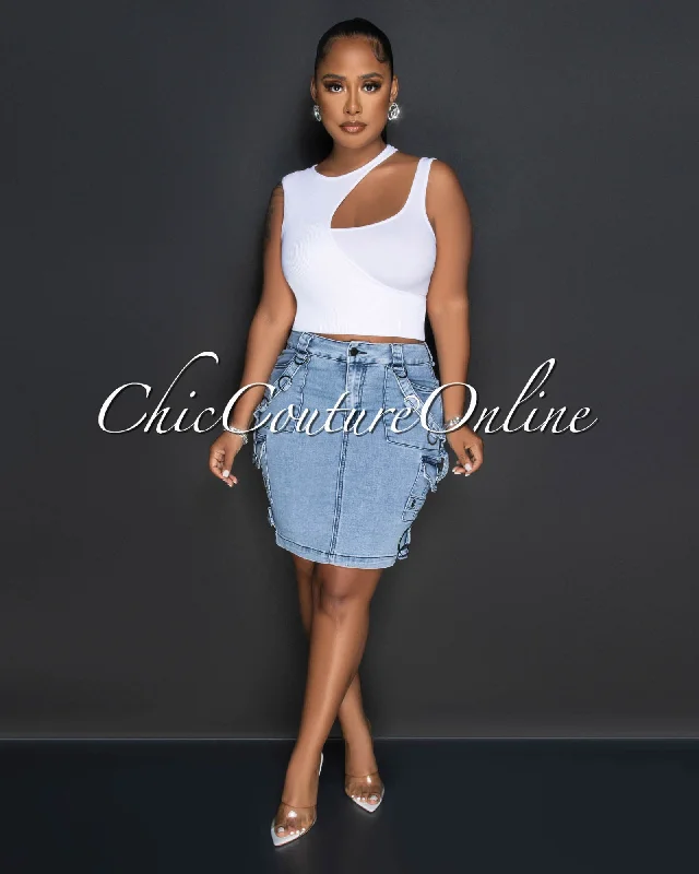 Javal Light Denim Cargo Midi Skirt pencil skirt chic