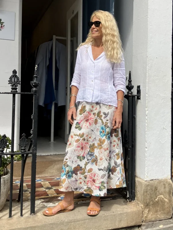 Jiva Midi Linen Prudence Skirt- Camellia Print - White Base a-line skirt cut