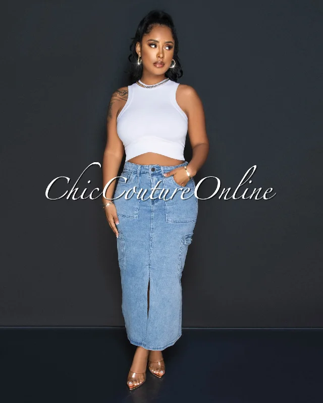 Manchester Light Denim Front Slit Maxi Cargo Skirt leather skirt durable