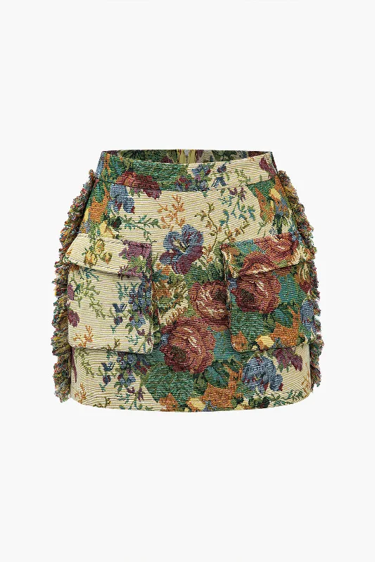Retro Floral Print Fringe Zipper Mini Skirt cashmere skirt fine