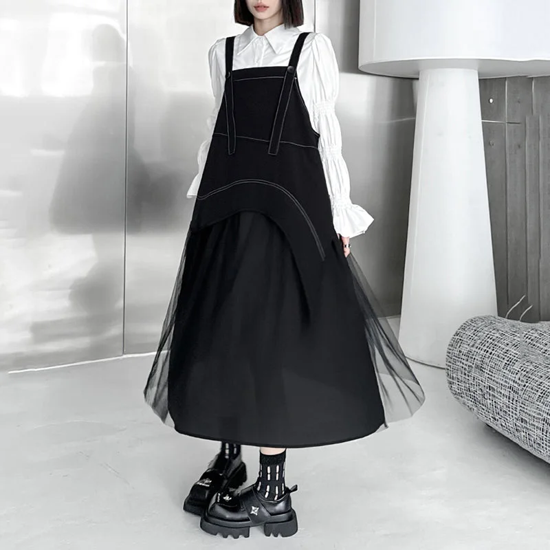 Mesh Patchwork Suspender Skirt linen skirt light
