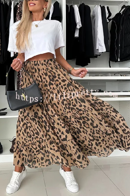 Unique and Comfortable Leopard Print Elastic Waist A-line Layered Maxi Skirt lace skirt delicate