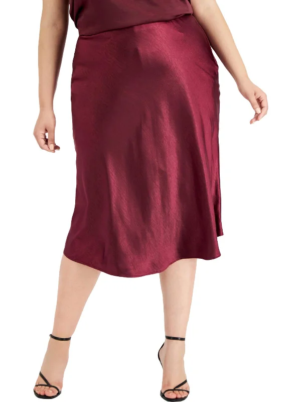 Plus Womens Satin Calf Midi Skirt ruffled skirt detail
