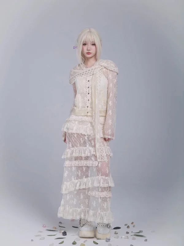 Rose Island AW24 Elf Guardian - Elf in mist lace midi skirt with inner shorts denim skirt fashionable