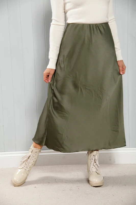 Satin Elegance Skirt Khaki satin skirt smooth