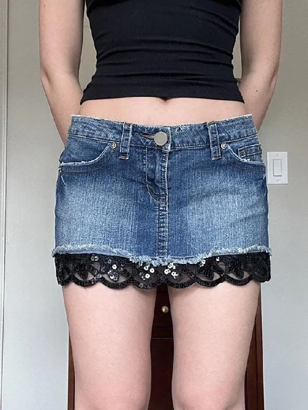 Sequin Patchwork Denim Mini Skirt denim skirt casual