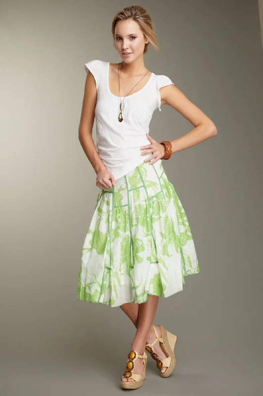 Silk Voile Ruffled Insert Skirt - Green Print lace skirt romantic