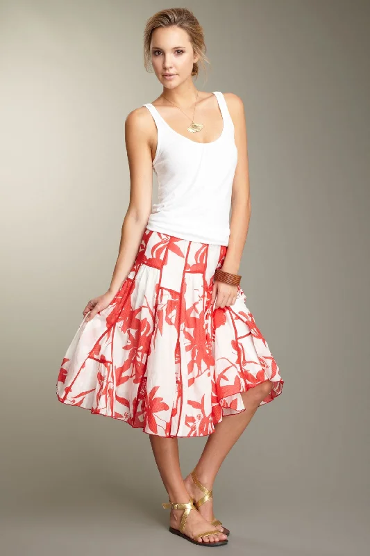 Silk Voile Ruffled Insert Skirt - Red Print denim skirt casual