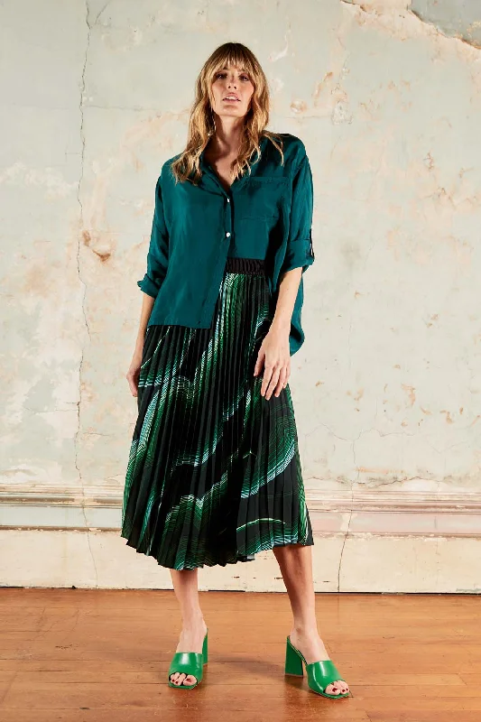 Aurora Pleated Skirt Green silk skirt lustrous