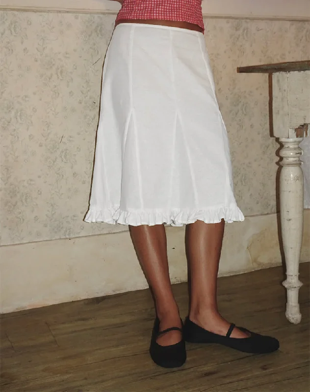 Tausi Pleated Midi Skirt in Off White Linen leather skirt bold