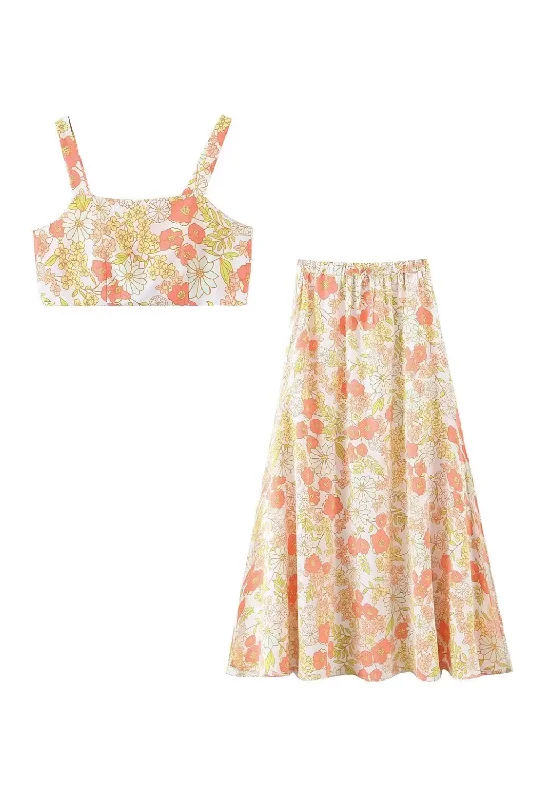 'Tessa' Floral Printed Sleeveless Top & Skirt Set flowy skirt hem