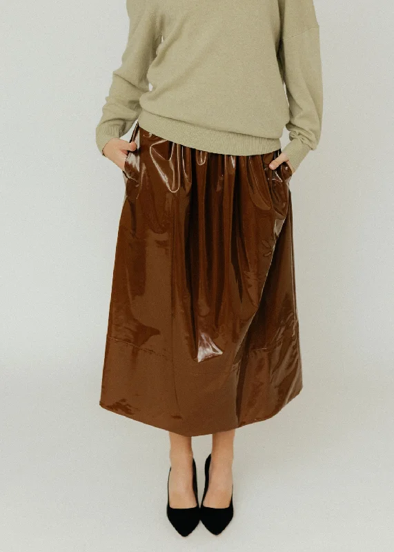 Tibi Light Weight Stretch Patent Smocking Waistband Full Skirt in Brick casual skirt length