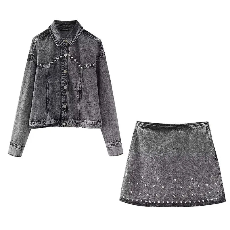A&A Chic Stonewashed Denim Jacket And Skirt Set lace skirt romantic