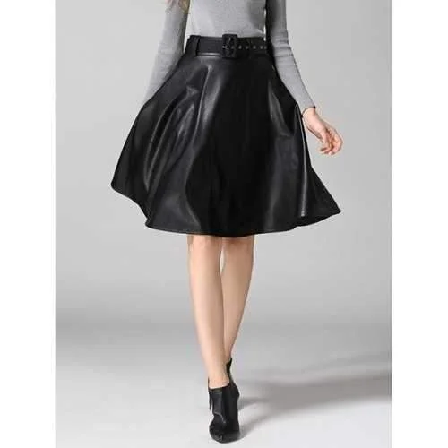 PU Leather Belted A-Line Skirt - Black S athletic skirt fit