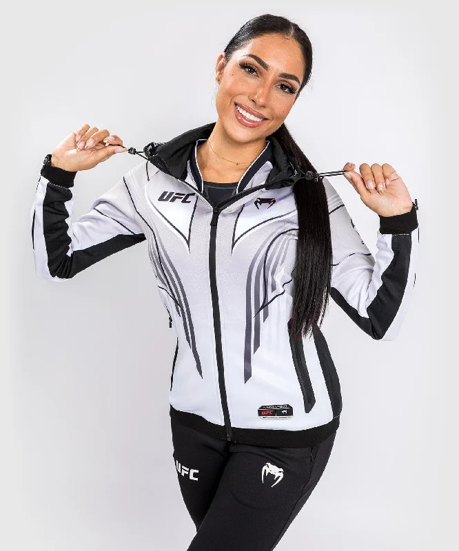 UFC Venum Authentic Fight Night 2.0 Kit by Venum Women's Walkout Hoodie - White Hoodie with Ribbed Neckline Snug Warm UFC Venum Authentic Fight Night 2.0 Kit by Venum Women's Walkout Hoodie - White Hoodie with Ribbed Neckline Snug Warm
