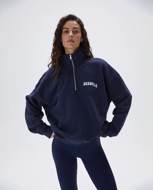 Varsity Oversized Funnel Neck Zip Sweatshirt - Navy Blue Hoodie with Cropped Fit Short Trendy Varsity Oversized Funnel Neck Zip Sweatshirt - Navy Blue Hoodie with Cropped Fit Short Trendy