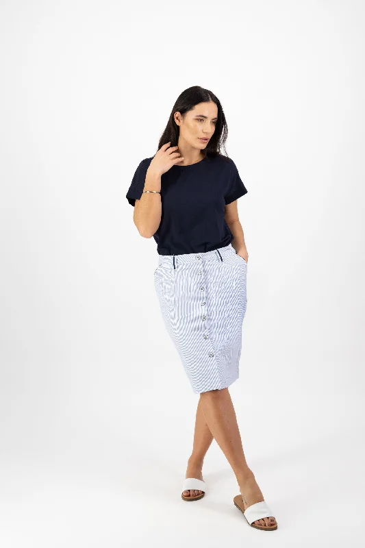 Vassalli Skirt with contrast buttons and trim - Blue Stripe cashmere skirt fine