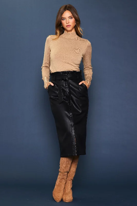 Vegan Leather Front Tie Midi Skirt leather skirt bold