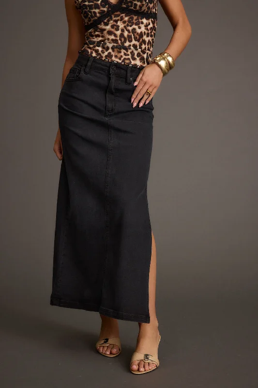 Wilder Black Stretch Denim Maxi Skirt slim fit skirt