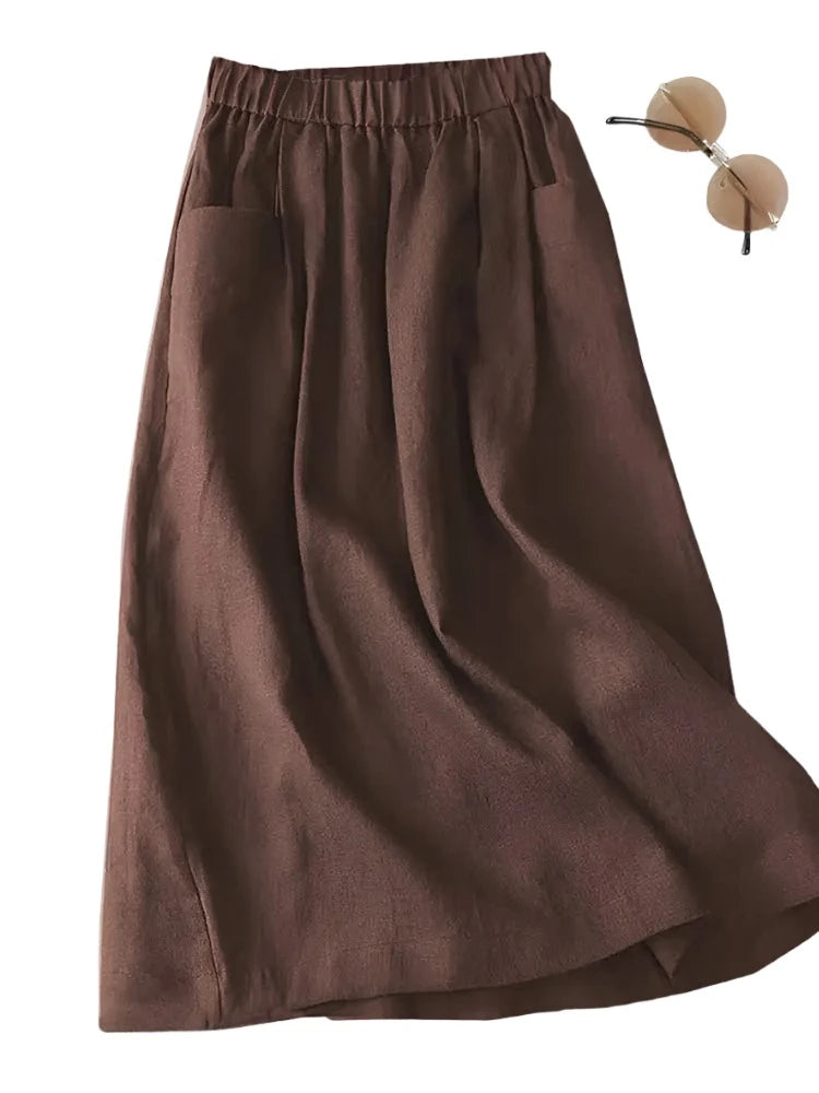 Women Cotton Skirt Holiday Elastic Waist Midi Skirt 2024 Summer Side Pockets Falda Saias Casual Korean Solid A Line Jupe elastic waist skirt