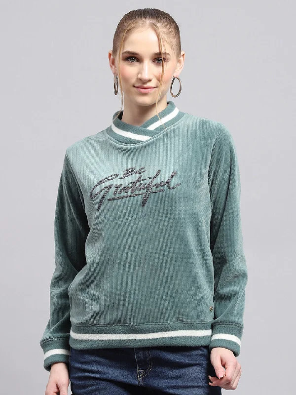 Women Green Printed High Neck Full Sleeve Sweatshirt Hoodie with Pastel Soft Subtle