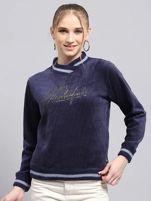 Women Navy Blue Printed High Neck Full Sleeve Sweatshirt Hoodie with Monochrome Minimalist Simple Women Navy Blue Printed High Neck Full Sleeve Sweatshirt Hoodie with Monochrome Minimalist Simple