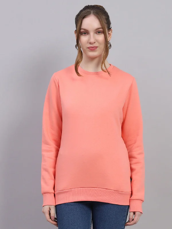 Women Peach Solid Round Neck Full Sleeve Sweatshirt Hoodie with Pattern Geometric Abstract Women Peach Solid Round Neck Full Sleeve Sweatshirt Hoodie with Pattern Geometric Abstract
