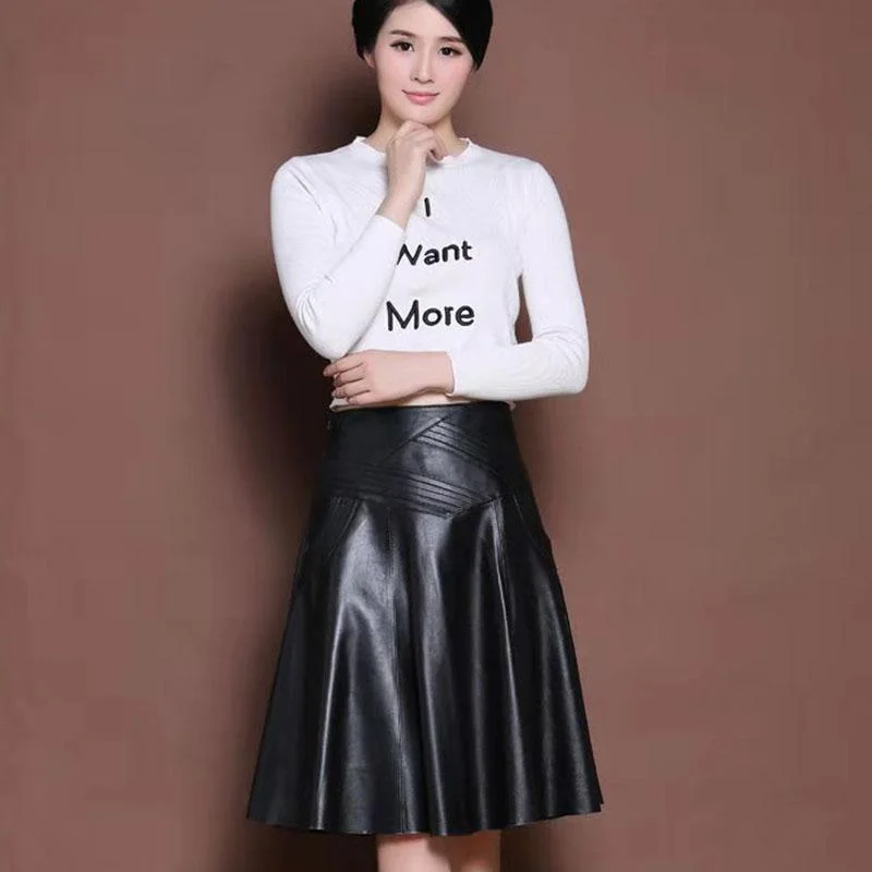 Women PU Leather Skirt Black High Waist  Pleated Skirt Slim Mid-length Plus Size A-line Skirt Autumn Winter denim skirt classic