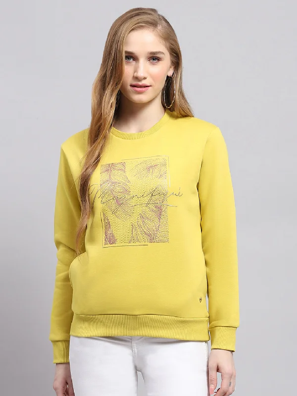 Women Yellow Printed Round Neck Full Sleeve Sweatshirt Hoodie with Ribbed Hem Stretchable Secure Women Yellow Printed Round Neck Full Sleeve Sweatshirt Hoodie with Ribbed Hem Stretchable Secure